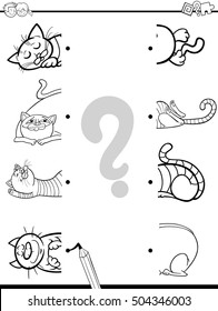 Black and White Cartoon Illustration of Preschool Education Activity of Matching Halves Task with Cat Characters for Coloring