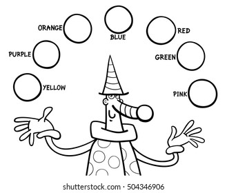 Black and White Cartoon Illustration of Primary Colors Educational Coloring Activity for Children with Clown