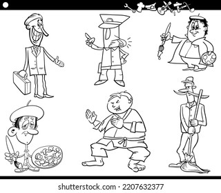 Black and white cartoon illustration of professionalist people occupations comic characters set coloring page