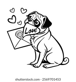 A black and white cartoon illustration of a pug dog sitting and holding an envelope.