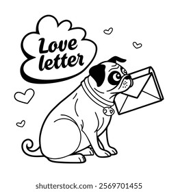 A black and white cartoon illustration of a pug dog sitting and holding an envelope.