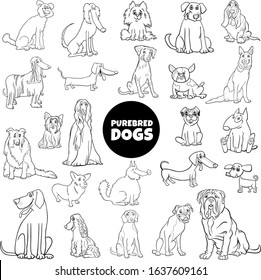Black and White Cartoon Illustration of Purebred Dogs Animal Characters Large Set Coloring Book Page