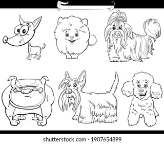 Black and white cartoon illustration of purebred dogs comic characters set