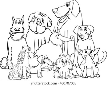 Black and White Cartoon Illustration of Purebred Dogs Animal Characters Group Coloring Book