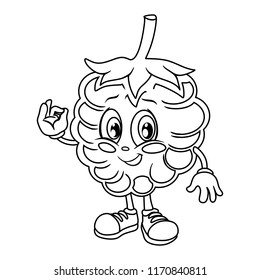 Black and White Cartoon Illustration of a Raspberry. Cute Berry Coloring Page. Vector Illustration of a Berry Mascot Character