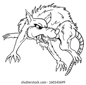 black and white cartoon illustration of a rat