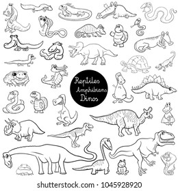 Black and White Cartoon Illustration of Reptiles and Amphibians Animal Characters Big Set Coloring Book