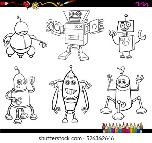 Black and White Cartoon Illustration of Robot Characters Set Coloring Book