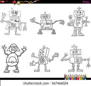 Black and White Cartoon Illustration of Robot Characters Set Coloring Page