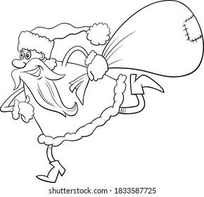 Black and White Cartoon Illustration of Running Santa Claus Christmas Character with Sack of Presents Coloring Book Page