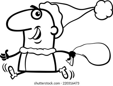 Black and White Cartoon Illustration of Running Santa Claus Character with Sack of Christmas Gifts for Coloring Book