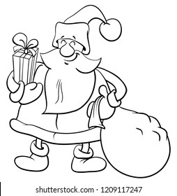 Black and White Cartoon Illustration of Santa Claus Christmas Character with Presents Coloring Book