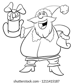 Black and White Cartoon Illustration of Santa Claus Character with Christmas Present Coloring Book