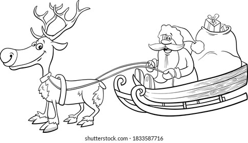 Black and White Cartoon Illustration of Santa Claus Christmas Character on Sleigh with Sack of Presents and Reindeer Coloring Book Page