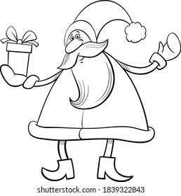 Black and white cartoon illustration of Santa Claus character with Christmas present coloring book page