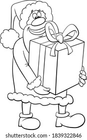 Black and white cartoon illustration of Santa Claus with big Christmas present coloring book page