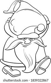 Black and white cartoon illustration of Santa Claus Christmas character carrying the sack of presents coloring book page