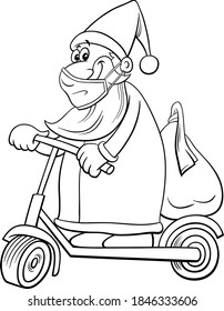 Schwarzweiß-Cartoon-Illustration des Weihnachtsmanns mit einem elektrischen Roller auf der Seite mit dem farbigen Buch zu Weihnachtszeit