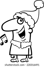 Black and White Cartoon Illustration of Santa Claus Character Singing Christmas Carol for Coloring Book