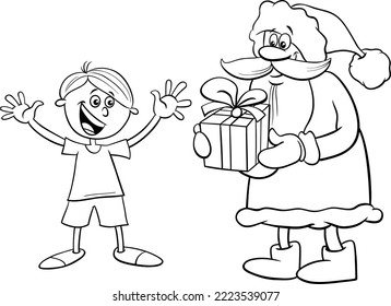 Schwarz-weißer Cartoon-Illustration des Charakters des Weihnachtsmann mit Weihnachtsgeschenk für kleine Jungen-Malerseite