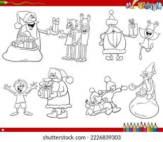 Schwarzweiß-Cartoon-Illustration von Santa Clauses-Figuren, die Weihnachtsgeschenke für glückliche Kinder, die Farbseite von Weihnachtsgeschenke