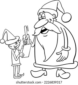 Black and white cartoon illustration of Santa Claus with Christmas elf coloring page