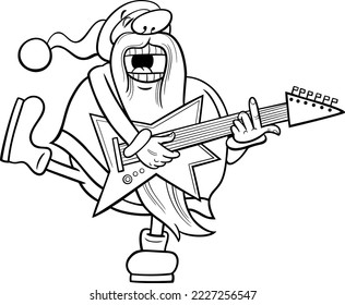 Black and white cartoon illustration of Santa Claus playing electric guitar and singing on Christmas time coloring page