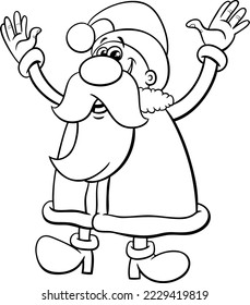 Black and white cartoon illustration of Santa Claus on Christmas time coloring page