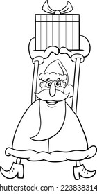 Black and white cartoon illustration of Santa Claus character with Christmas gift coloring page