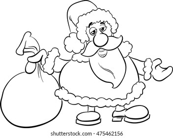 Black and White Cartoon Illustration of Santa Claus with Sack of Gifts on Christmas Time for Coloring Book