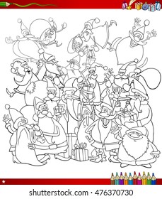 Black and White Cartoon Illustration of Santa Claus Characters Big Group on Christmas Time Coloring Book