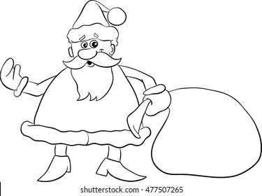 Black and White Cartoon Illustration of Santa Claus with Sack of Gifts on Christmas for Coloring Book