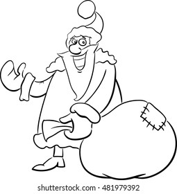 Black and White Cartoon Illustration of Santa Claus with Sack of Gifts on Christmas for Coloring Book