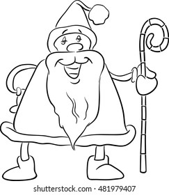 Black and White Cartoon Illustration of Santa Claus with Cane on Christmas Time for Coloring Book