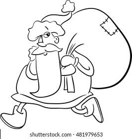 Black and White Cartoon Illustration of Santa Claus Walking with Sack of Gifts on Christmas for Coloring Book