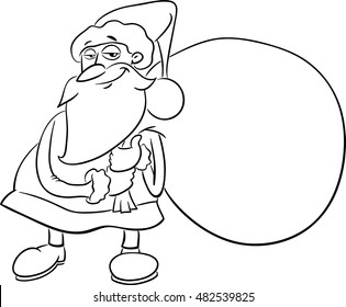 Black and White Cartoon Illustration of Santa Claus with Sack of Presents on Christmas for Coloring Book