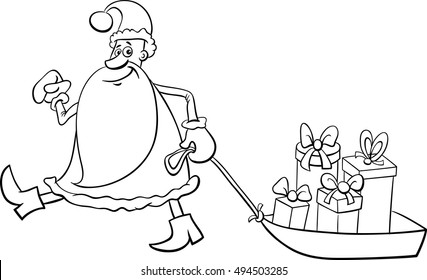 Black and White Cartoon Illustration of Santa Claus Christmas Presents on the Sledge Coloring Book