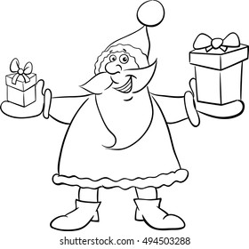 Black and White Cartoon Illustration of Santa Claus with Present on Christmas Time Coloring Book