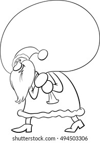 Black and White Cartoon Illustration of Santa Claus with Huge Sack of Presents on Christmas Coloring Book