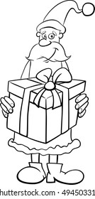 Black and White Cartoon Illustration of Santa Claus with Big Christmas Present Coloring Book