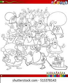 Black and White Cartoon Illustration of Santa Claus Characters Big Group on Christmas Coloring Book