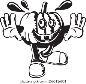 black and white cartoon illustration of a scared pumpkin