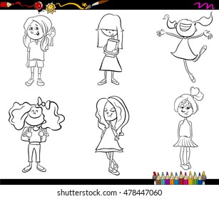 Black and White Cartoon Illustration of School Age Girls Children or Teenager Characters Set for Coloring Book