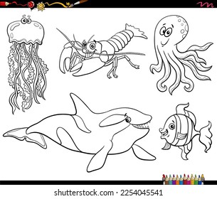 Black and white cartoon Illustration of sea life or marine animal characters set coloring page