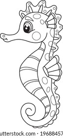 Black and White Cartoon Illustration of seahorse. Coloring Book Page.Illustration for children.