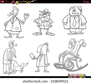 Black and white cartoon illustration of seniors characters set coloring book page