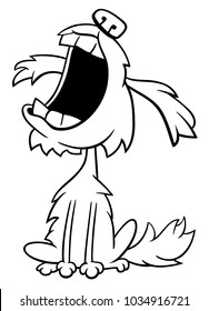 Black and White Cartoon Illustration of Shaggy Little Dog Animal Character Barking or Howling Coloring Book