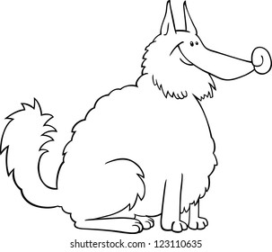 Black and White Cartoon Illustration of Shaggy Purebred Eskimo Dog or Spitz or Sheepdog for Coloring Book or Coloring Page
