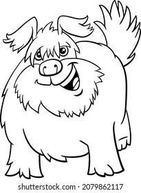 Black and white cartoon illustration of shaggy dog comic animal character coloring book page