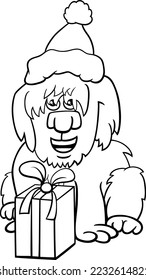 Black and white cartoon illustration of shaggy dog animal character with gift on Christmas time coloring page